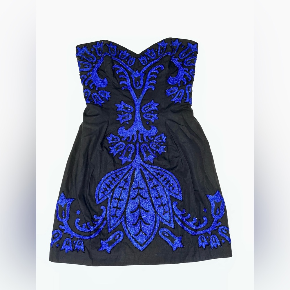 French Connection Beaded Embroidered Strapless Cocktail Dress —Black and blue
